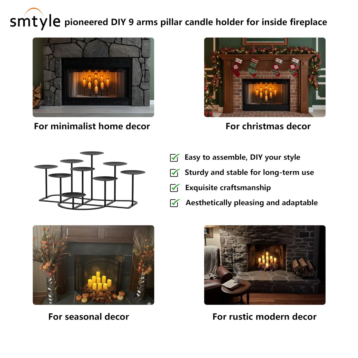 smtyle Candelabri da camino senza fiamma o cera per caminetto fai da te 9 con decorazione in ferro nero su scrivania/pavimento