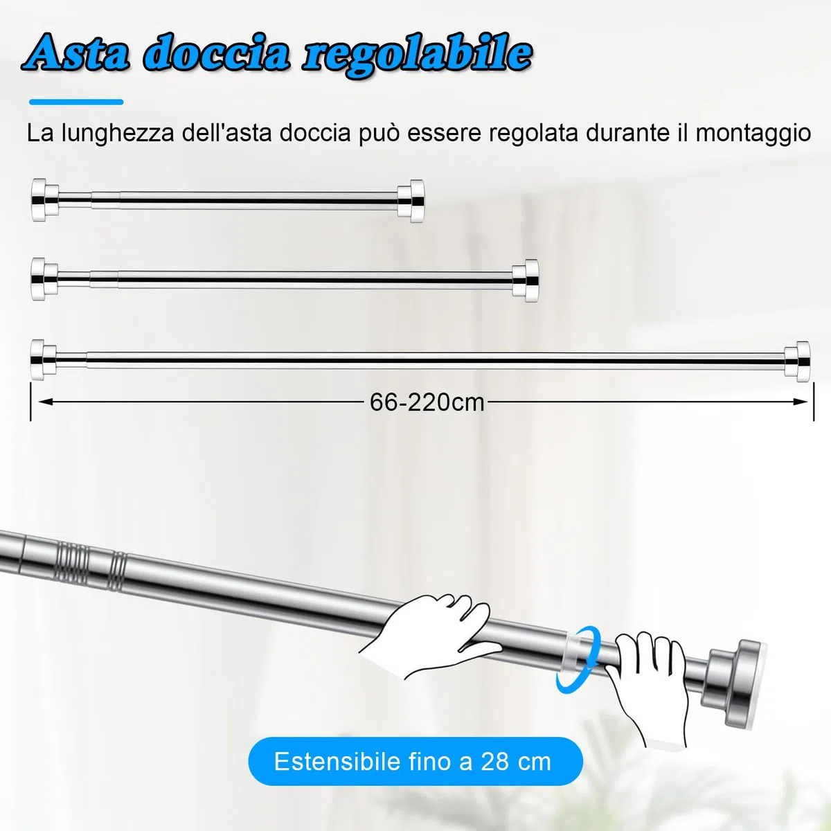 Bastone Telescopico Estensibile in Acciaio Inox, 66-200 cm, Bastoni Tende per Interni, Antiruggine e Antiscivolo, Senza Fori, Asta Doccia per Bagno, Guardaroba, Finestra
