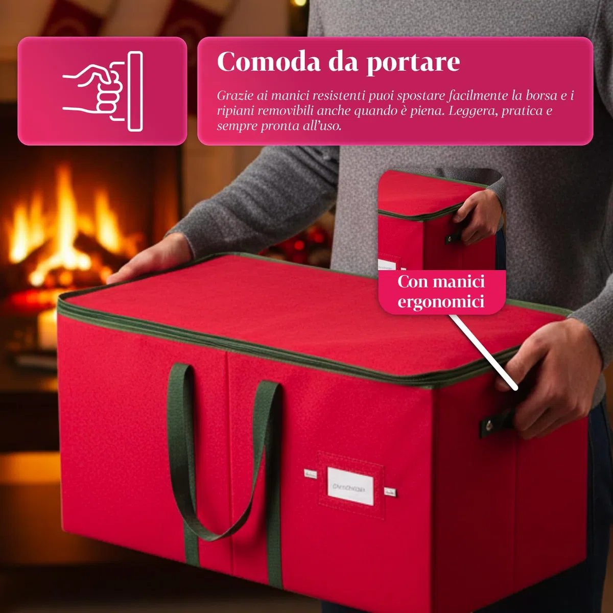 Wintem – Contenitore Porta Palline di Natale in TNT e Cartone Rigido 65x32x32 cm con 64 Scomparti Modulari e Manici Rinforzati, Chiusura Zip Resistente per Conservare 128 Decorazioni Natalizie