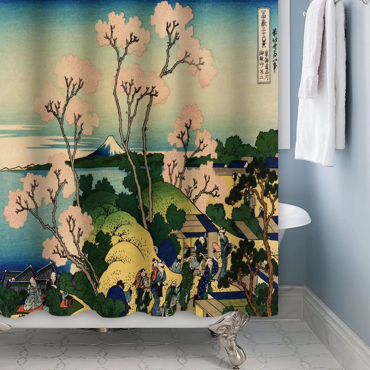 180x180cm Giapponese Molla Paesaggio Tenda da Doccia - Ciliegia Fiore Ukiyo-e Kanagawa Monte Fuji Tradizionale Etnico Anime per Bagno - Poliestere Con Ganci