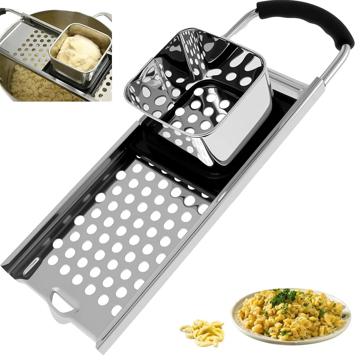 Affettatrice per spätzle, raschietto e filtro per patate in acciaio inox con manico in gomma, lavabile in lavastoviglie, per tutti i vasi fino a Ø 30 cm