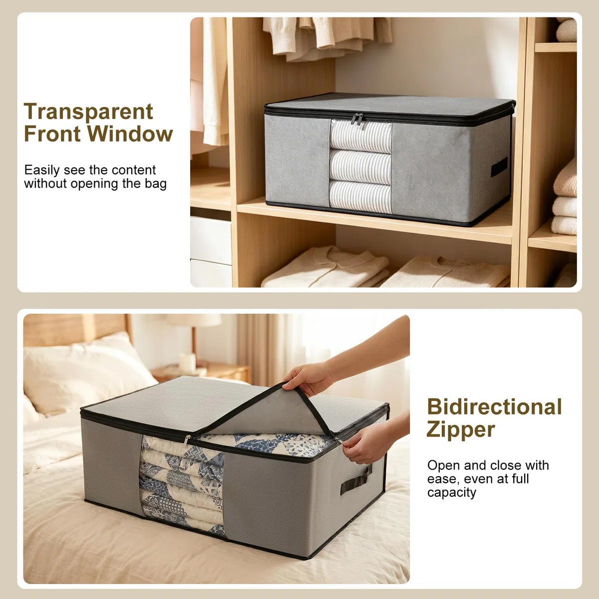 Cozary 3 Pezzi 60L Contenitori Sottoletto, Pieghevole Scatole per Vestiti, Scatole per Armadio con Finestra Trasparente, Contenitori per Armadio Salvaspazio per Vestiti, Biancheria da Letto, Grigio