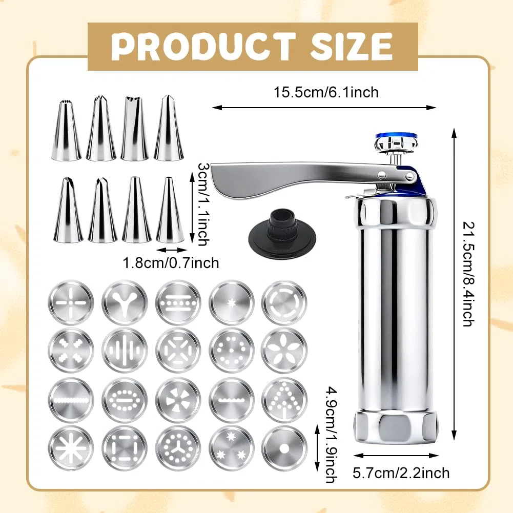 Pressa per biscotti a spruzzo, in acciaio inox, con 20 stencil e 8 beccucci in acciaio inox, macchina per biscotti, pressa per biscotti, pressa per biscotti per torte, dessert fai da te