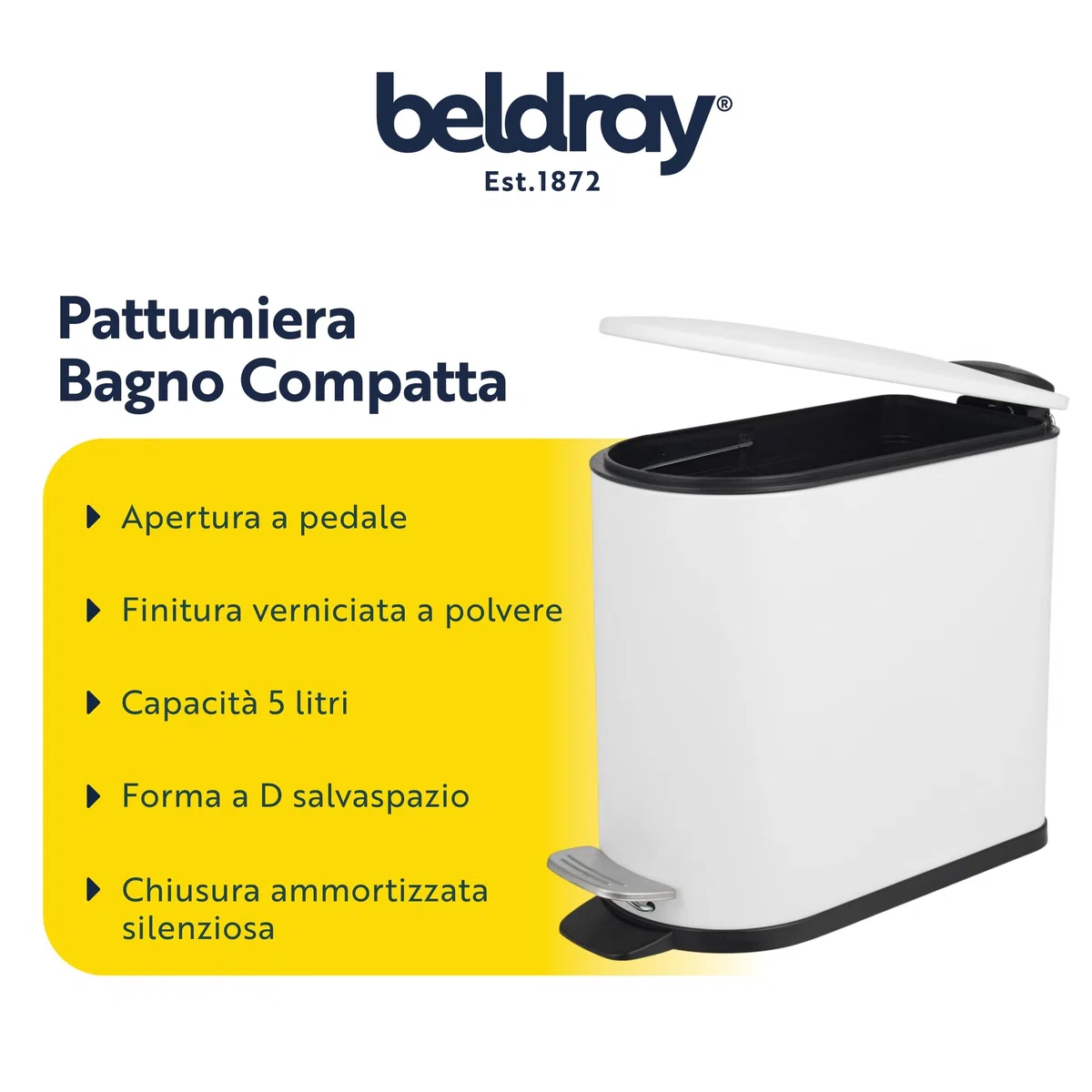 Beldray Pattumiera a pedale per bagno, 5 litri, coperchio con chiusura ammortizzata, pattumiera sanitaria a forma di D, per camera da letto, ufficio, cucina, finitura verniciata a polvere, salvaspazio