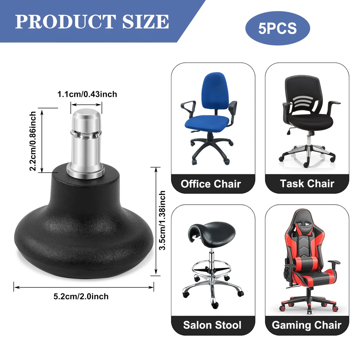 Piedini Fissi per Sedie Girevoli Piedini Rotelle per Sedie Ufficio a Ruote Fisse, 11 mm x 22 mm Sostituzione Base per Gambe della Sedia, Bell Glides Piedini Per Pavimento (Nero, 5 Pezzi)