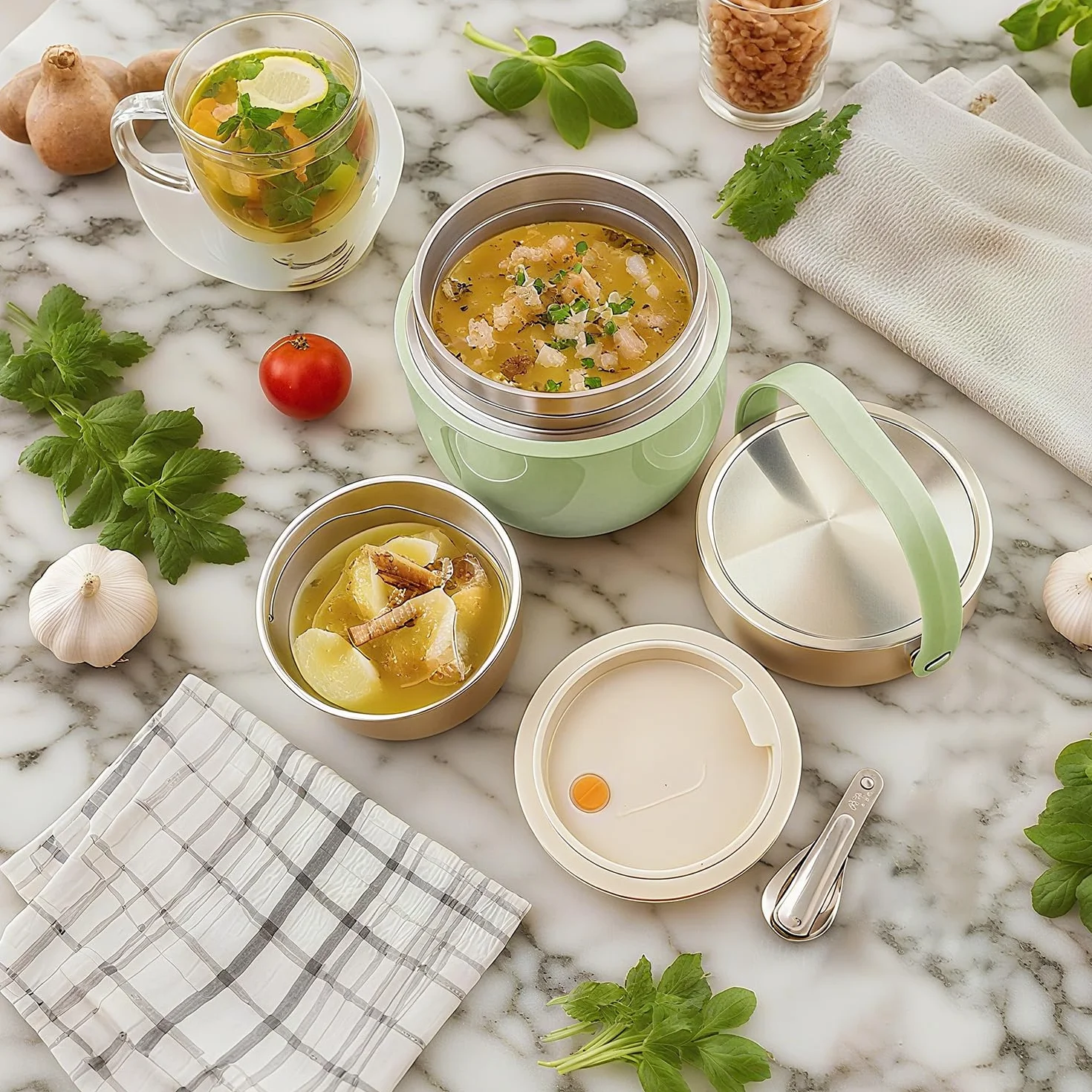 Contenitore Termico per Alimenti 1200 ml,Thermos per Alimenti Porta Pappa,ciotola termica con coperchio con cucchiaio pieghevole,Adatto per la conservazione di farina,zuppa,pranzo,formaggio (Verde)