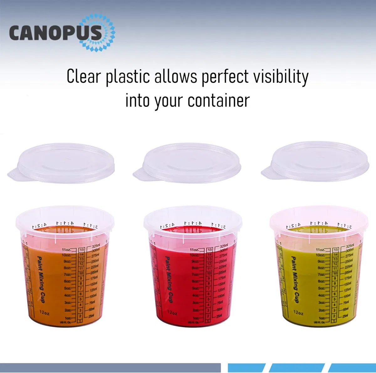 CANOPUS Premium Misurini in Plastica, 360ml (12 Pacco) Bicchieri per Vernice per Epossidica e Resina, Bicchiere di Miscelazione di Plastica per Progetti Auto, Eartistici, Uso Cucina, con 3 Coperchi