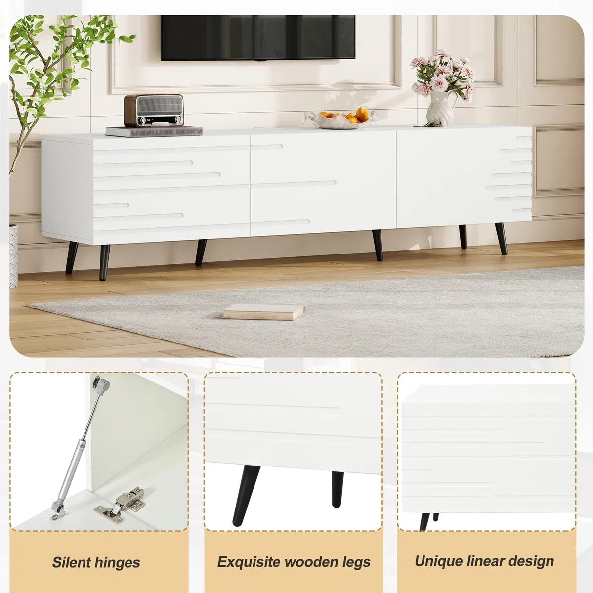 Mobile TV grande 180 x 40 x 48 cm, con 3 ante a battente, design stampato, bianco, adatto per televisori da 80", grande capienza, materiale MDF.