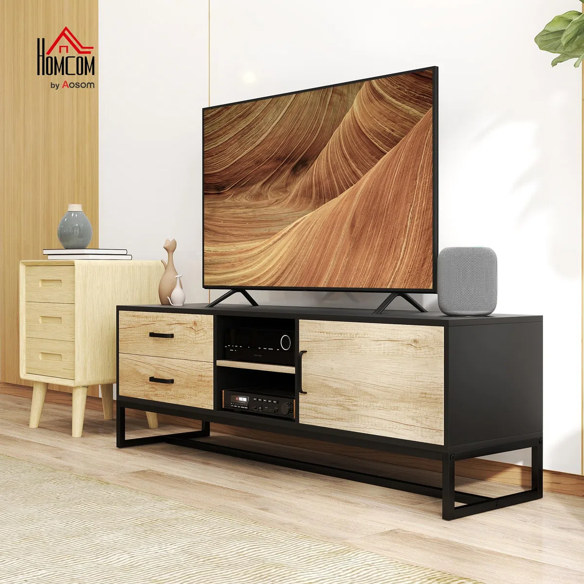 HOMCOM Mobile Porta TV 60" con Armadietto, 2 Cassetti e Ripiani Regolabili, Mobile TV con 2 Aperture Passacavi in Legno per Soggiorno e Salotto, 140x35x45 cm, Legno Naturale e Nero
