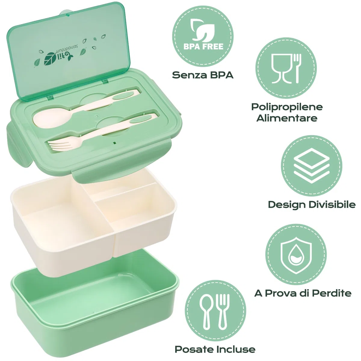BIBURY Porta Pranzo, Lunch Box Prova di Perdite per Bambini e Adulti, Bento Box con 3 Scomparti e Posate(Forchetta e Cucchiaio), Portapranzo, Sicuri per Microonde e Lavastoviglie - Verde