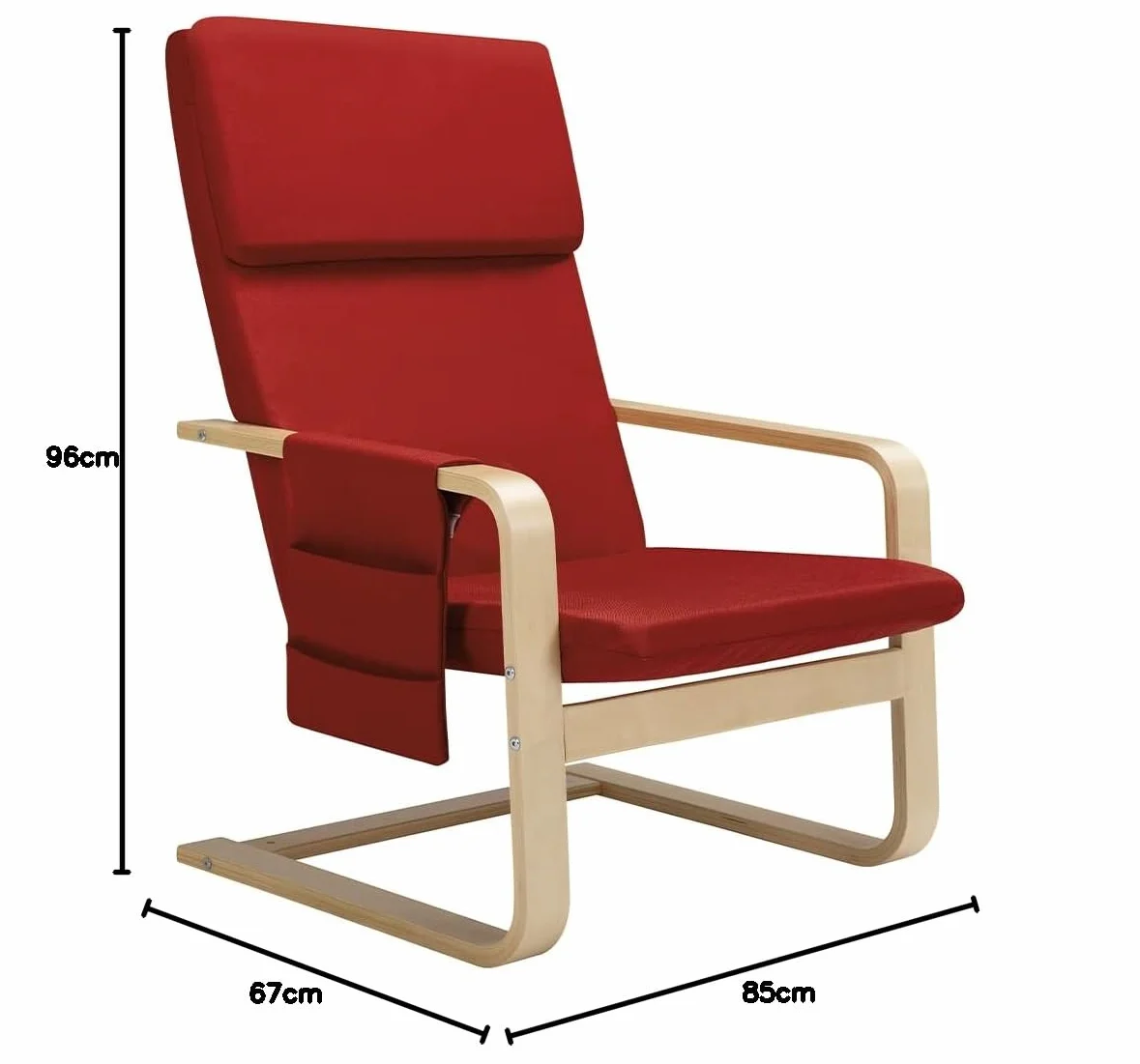 BAKAJI Sedia a Dondolo in Legno di Betulla con Rivestimento in Cotone Imbottito in Spugna Altissima Densità, Poltrona Oscillante Relax con Borsa a 2 Scomparti e Cuscino, Seduta Ergonomica (Rosso)