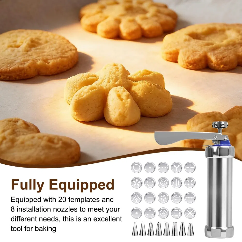Pressa per pasticceria con 20 stencil e 8 beccucci in acciaio inox, pressa per pasticceria, macchina da cucina, macchina per biscotti fai da te