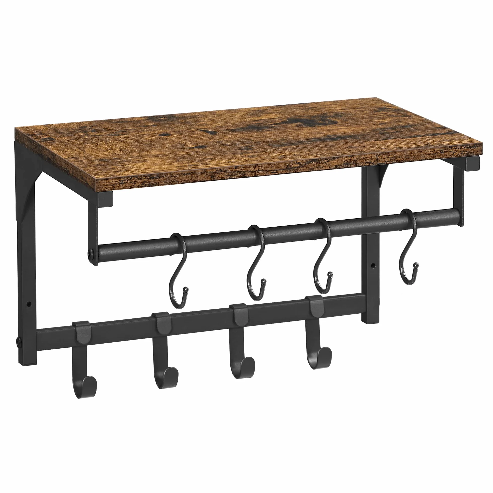 VASAGLE Appendiabiti da parete, armadio ingresso, guardaroba, con 8 ganci e mensola, per soggiorno, corridoio, camera da letto, 40 x 24 x 24 cm, marrone rustico e nero LCR103B01