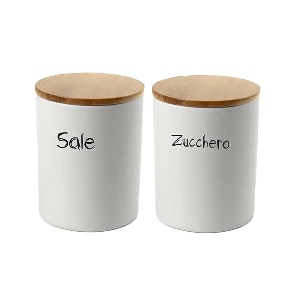 Maury's Set Barattoli in Ceramica con Top in Legno 10x13cm: Sale e Zucchero (Tondo Bianco -2 Pz)
