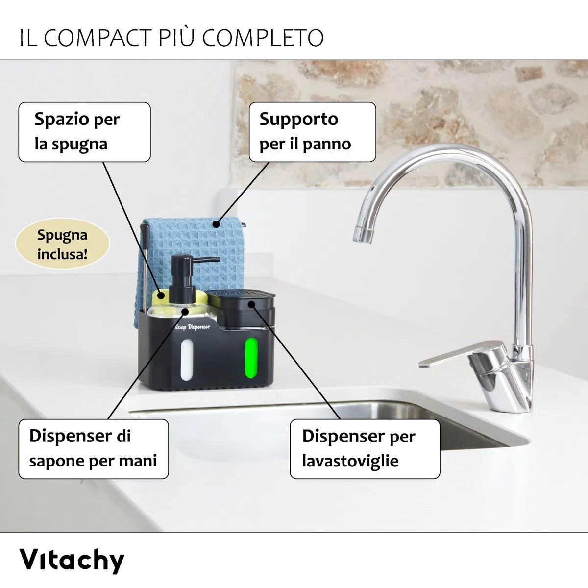 Dispenser Sapone Cucina Nero con Dosatore per Lavastoviglie e per Sapone per Mani. Organizzatore per Lavello con Supporto in Spugna Dish Soap Dispenser for Kitchen