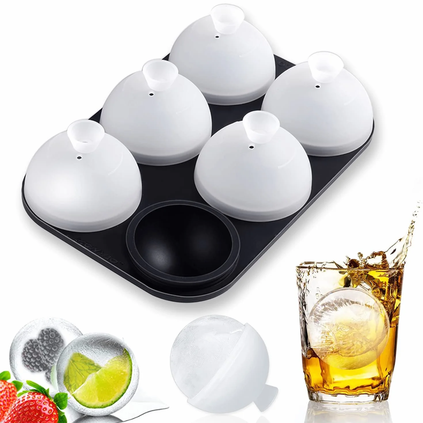 HONYAO® Ghiaccio Stampo - Cubetti Ghiaccio Silicone 5CM Rotondo Sfera con Coperchio, Senza BPA Forma Ghiaccio Grande per Whisky Cocktail