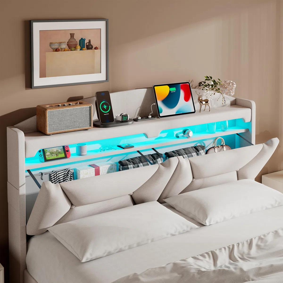 Letto Matrimoniale con Contenitore 140x200 cm, Letti Matrimoniali con LED, USB e Type-C, Letto Contenitore Idraulico, Letti Matrimoniali con Doghe, Beige Lino, Senza Materasso