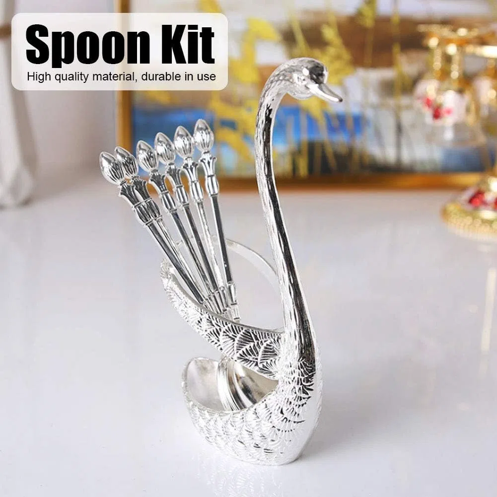 6 cucchiai da portata, cucchiaini da caffè in acciaio inossidabile con porta utensili porta cucchiaio a forma di cigno per piano di lavoro(Silver)