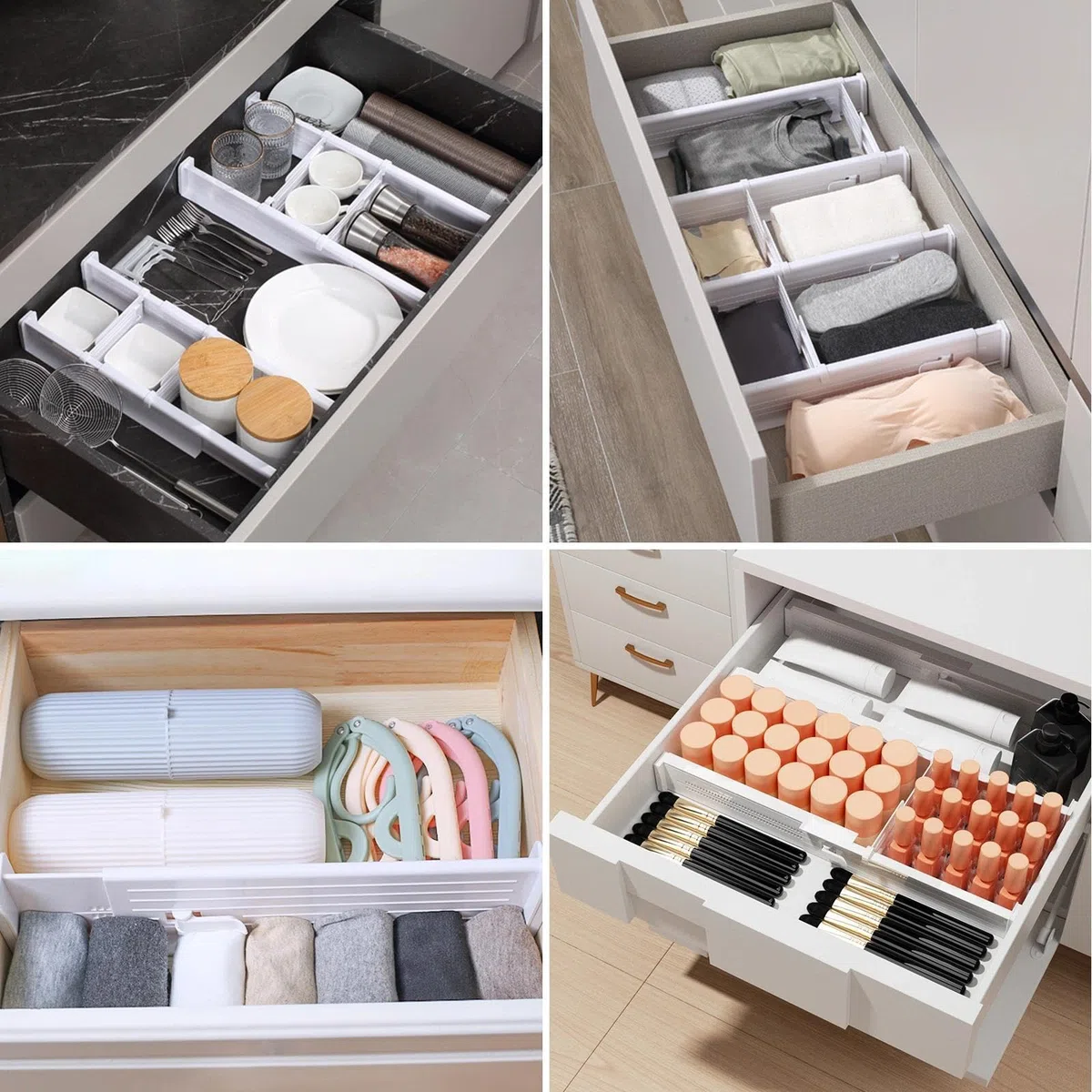 Organizer Armadio o Desktop, Divisori per Cassetti Regolabili, Separatori per Cassetti, Separatore Divisore, per Cucina, Bagno, Camera da Letto, Cassettiera, Ufficio (bianco)