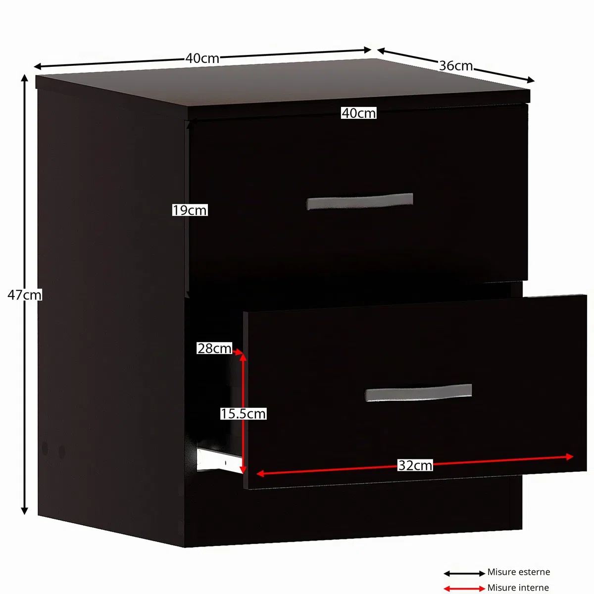 Vida Designs, Comodino con 2 cassetti, Maniglie in Metallo e Guide, Sistema Unico Anti-ribaltamento, per Camera da Letto, Colore Nero