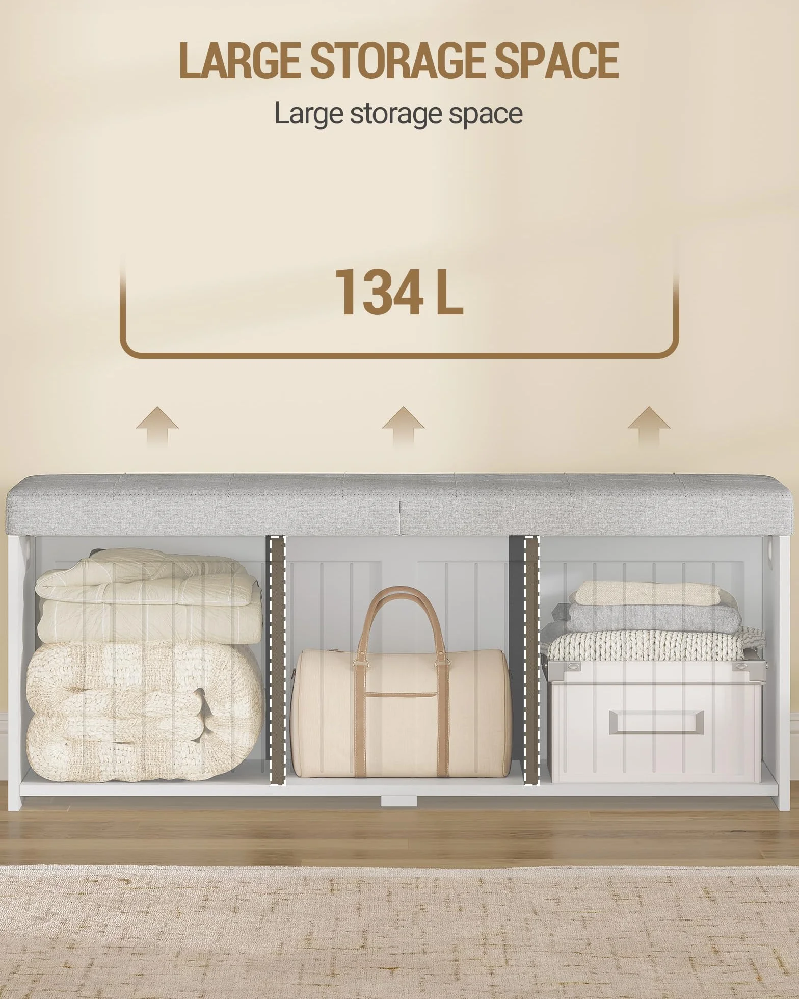 Hzuaneri Cassapanca contenitore da interno, Panca contenitore, Utilizzabile Come Portascarpe, con Cuscino in Lino, Adatta per Soggiorno, Ingresso e Atrio, 40 x 109 x 44,5cm, Bianco-Grigio SB01903GY