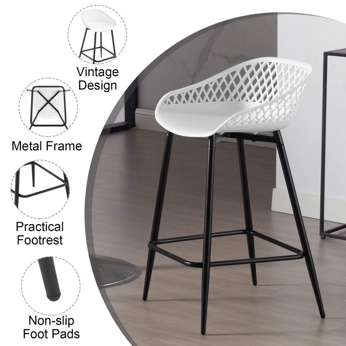 WOLTU Sgabelli da Bar Set di 4, Sgabello Cucina Esterno 64.5cm con Poggiapiedi e Schienale, per Isola Cucina, Colazione, Seduta in Plastica, Bianco