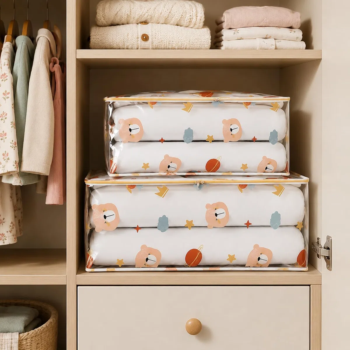 ESILA Set 2 Pezzi Sacchi Portaoggetti per Vestiti e Giocattoli Bambini – Borse Salvaspazio Trasparenti con Cerniera per Armadio, Organizer Pieghevole per Coperte, Piumoni e Abiti