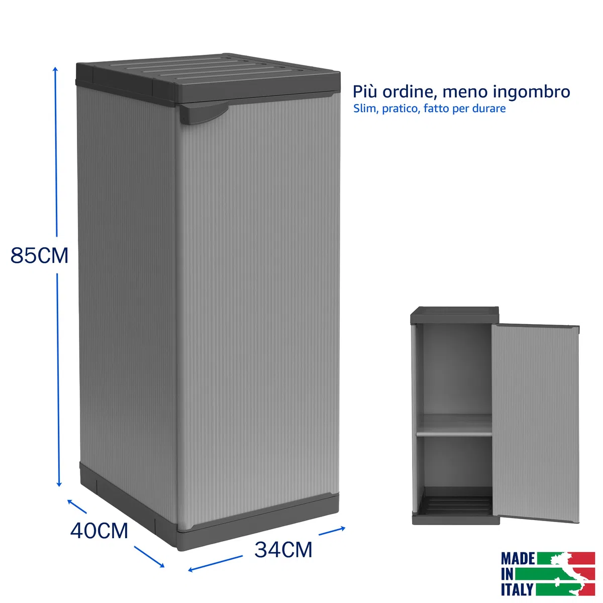 Sicignano Armadietto Modulare in Resina a 1 Anta, Colonna Salvaspazio Stretta con Ripiani Regolabili, Mobile Multiuso per Interno, Esterno, Lavanderia e Bagno, Grigio (cm.34x38x85h, 2 Piani)