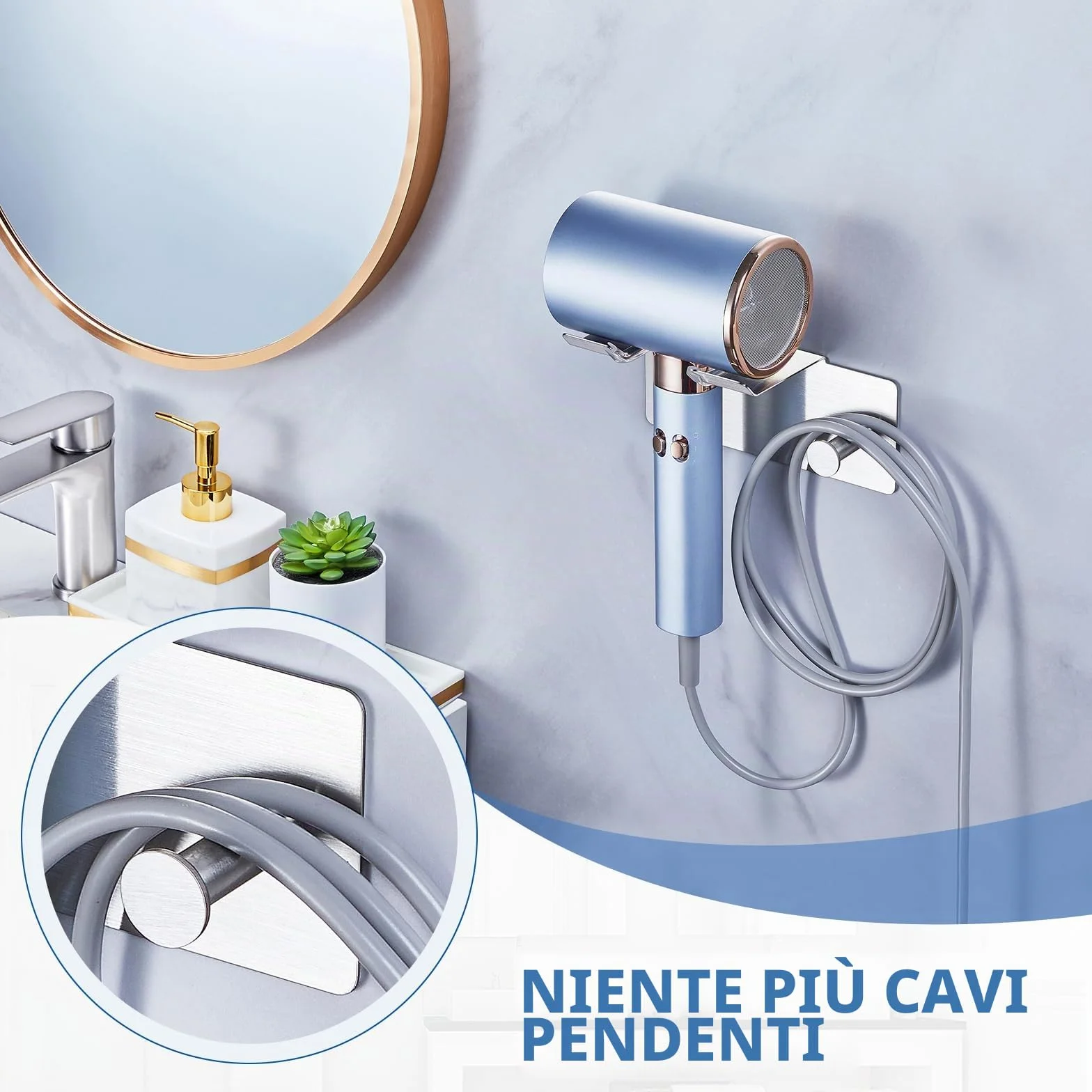 Porta Asciugacapelli da Parete, Porta Phon da Muro Supporto Phon da Parete Metallo,Supporto Adesivo per Asciugacapelli da Appendere per Armadietto Bagno Camera da Letto Barbieri (Argento)