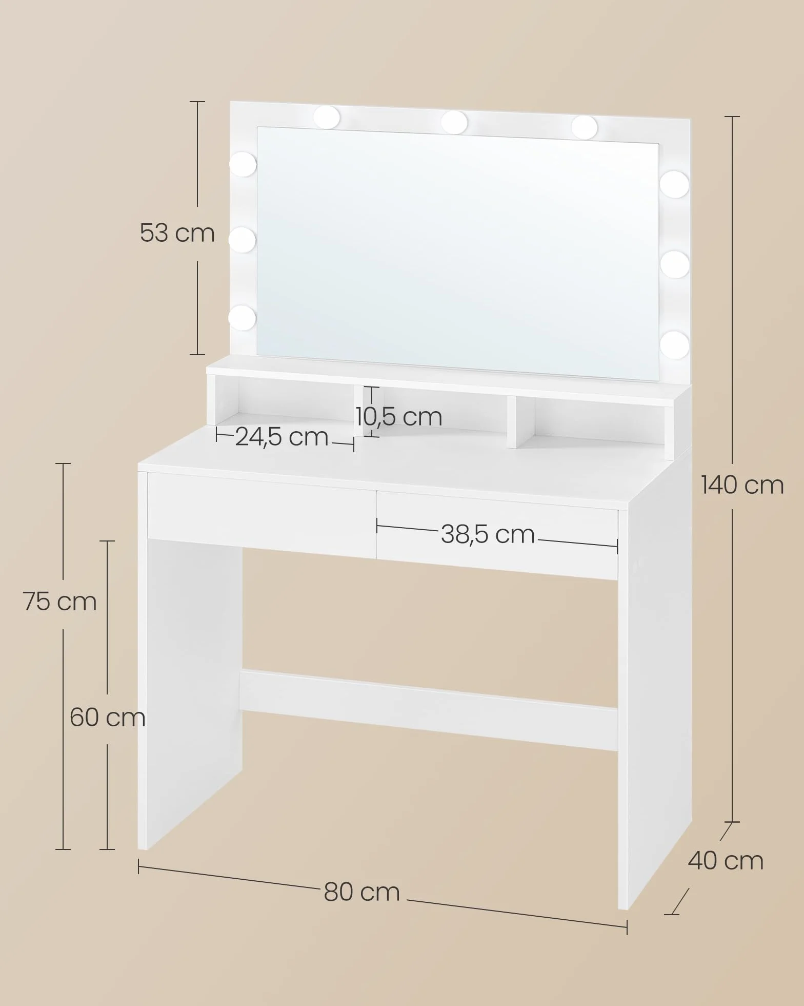 VASAGLE KAILYN Collezione - Tavolo da Trucco, Toeletta con Luce LED, Regolabile a 3 Colori, con Specchio, Tavolo Cosmetico con 2 Cassetti e 3 Scomparti Aperti, Bianco Nuvola RDT120WB01