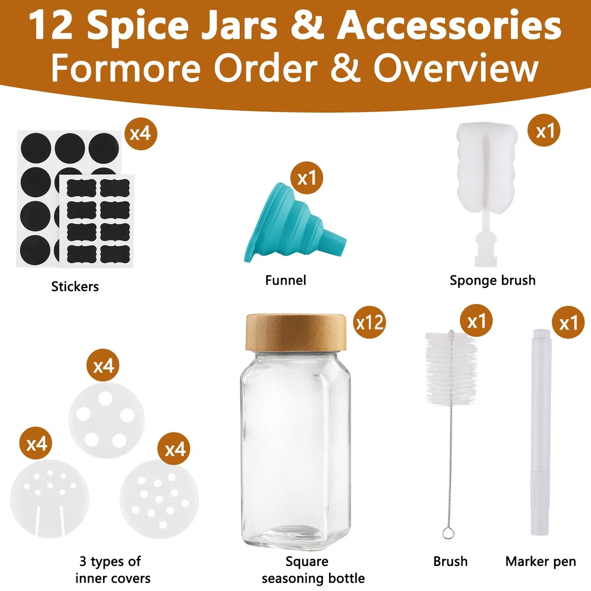 Girare Barattoli per Spezie, 12 Contenitori per Spezie Barattoli per Spezie da 120 ml con Coperchi in Bambù Barattoli per Spezie in Vetro con Setaccio Etichette Pennello Lmbuto (Quadrato)