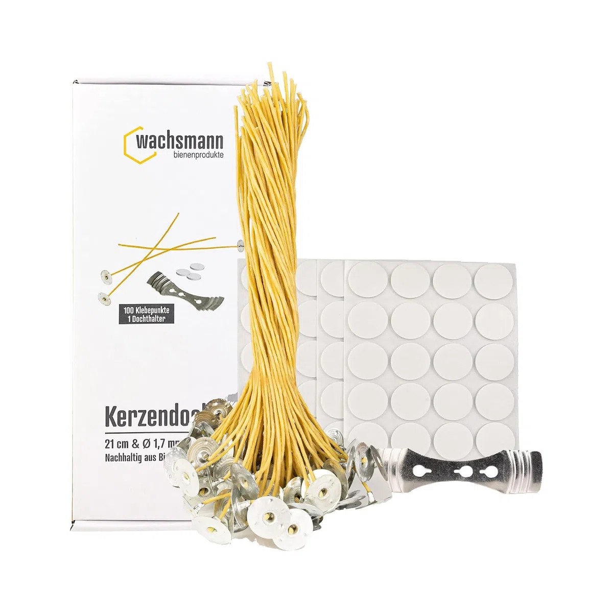 Stoppini per Candele Senza paraffina | sostenibili in Cera d'api e Canapa | 100 Pezzi | Set con Punti Adesivi e Supporto per stoppino | Diverse Lunghezze e Diametro (Ø 1,7mm | Lunghezza 21cm)