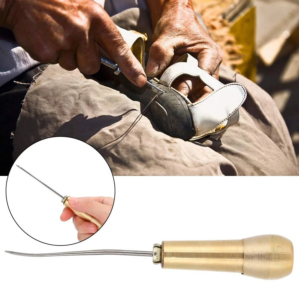 Ago per Scarpe da Cucire Aghi da Piercing Ricami in Pelle Calzolaio a Mano Punteruolo 2 Set Manico in Rame Punteruolo da Cucito Taper Strumento per la Riparazione di Scarpe da