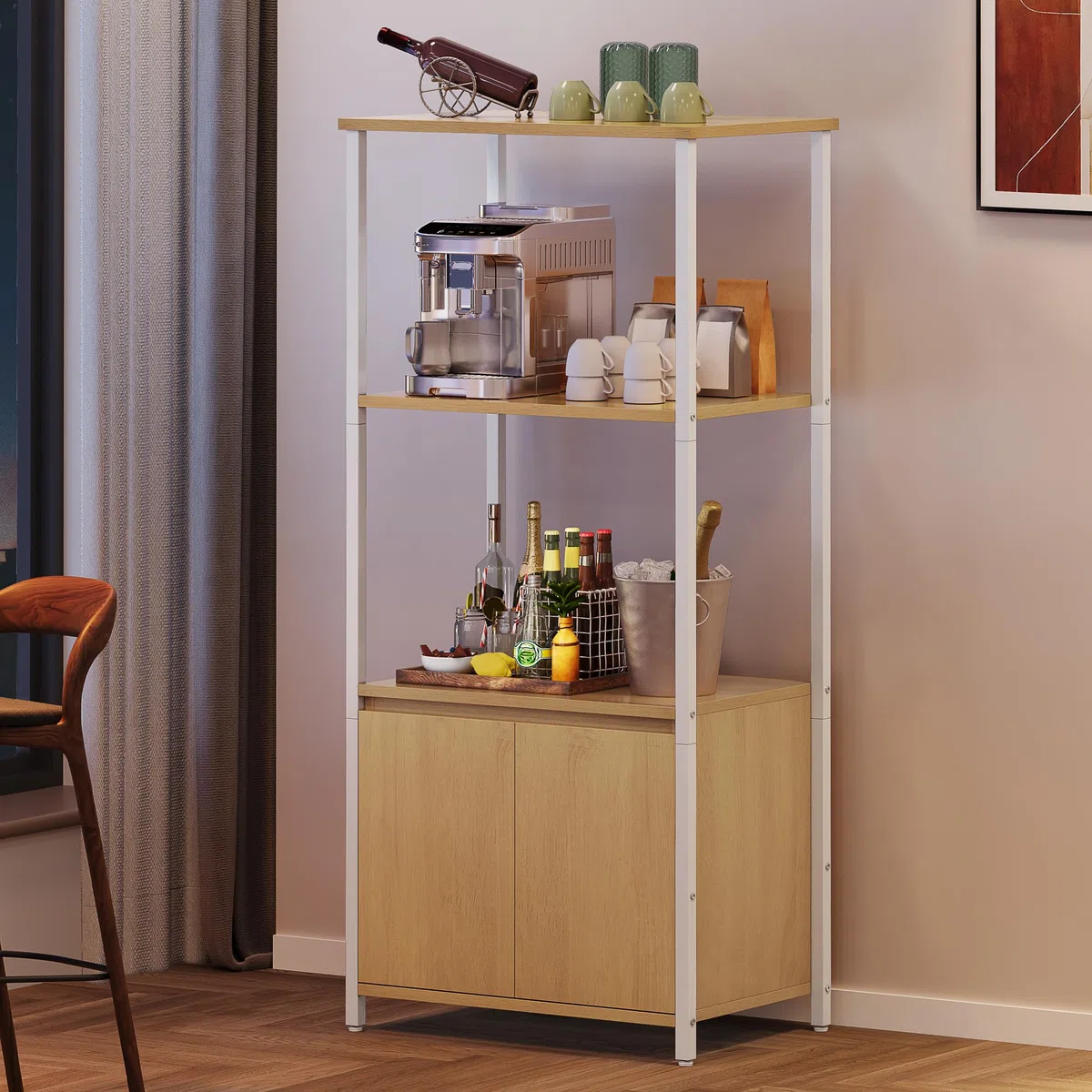 YITAHOME mensole da cucina, mensola per microonde, rack per panettieri per cucine con stoccaggio, stazione bar caffè, stand snack a 3 livelli con armadio, 55,9 x 36,1 x 120,9 cm, tavola di quercia