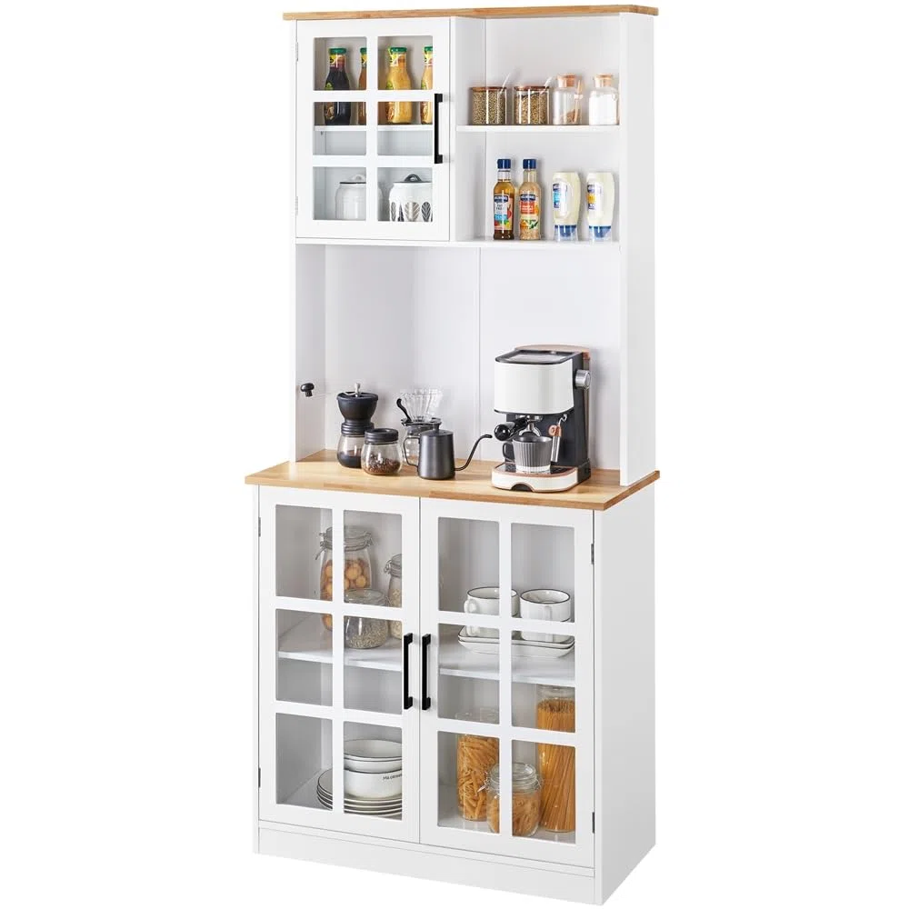 Yaheetech Credenza Cucina Alta Mobile Dispensa Buffet con Ante Ripiani Regolabili e Piano di Lavoro Aperto 80 x 37 x 183 cm per Sala da Pranzo Soggiorno Bianco