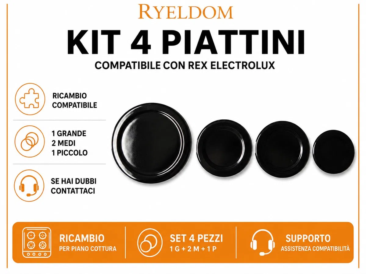 RYELDOM Kit 4 Piattini per Piani Cottura Rex-Electrolux, Set Ricambio Compatibile con 1 Grande 2 Medi 1 Piccolo, Piattini per Fornelli Gas