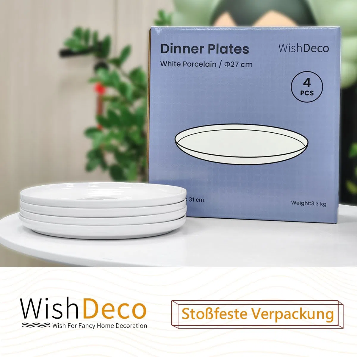 WishDeco Set di 4 Piatti Piani, Piatti Pizza Ceramica 27 cm, Piatto Moderni Bianchi, Piatto da Portata Grande, Servizio Plate Rotondi per Insalata, Pasta, Bistecca, Panino