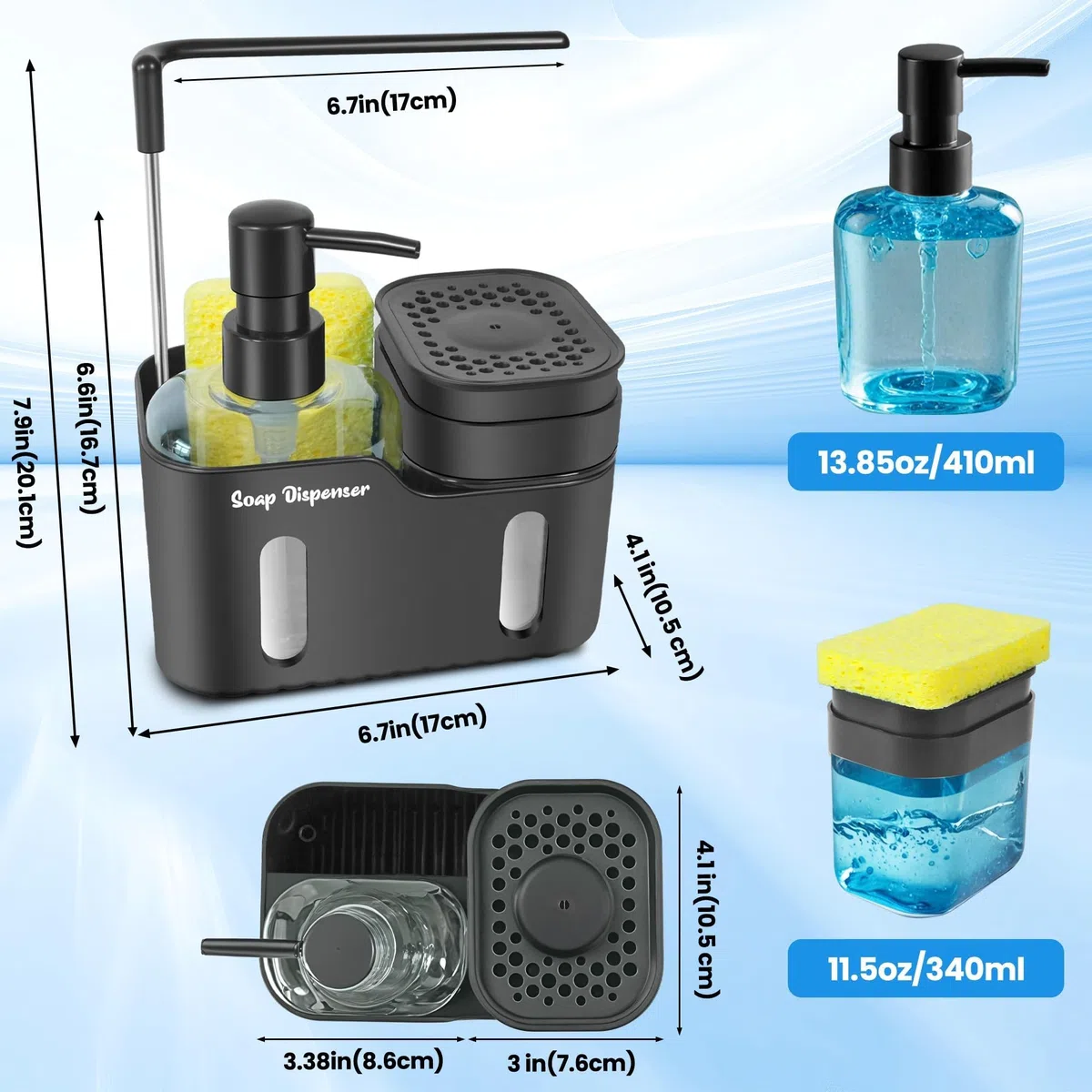 Set doppio di dispenser di sapone per lavello da cucina, dispenser di sapone 4 in 1 per mani e piatti con supporto per spugna, portaspazzole e gancio per strofinacci, design rimovibile e antiscivolo