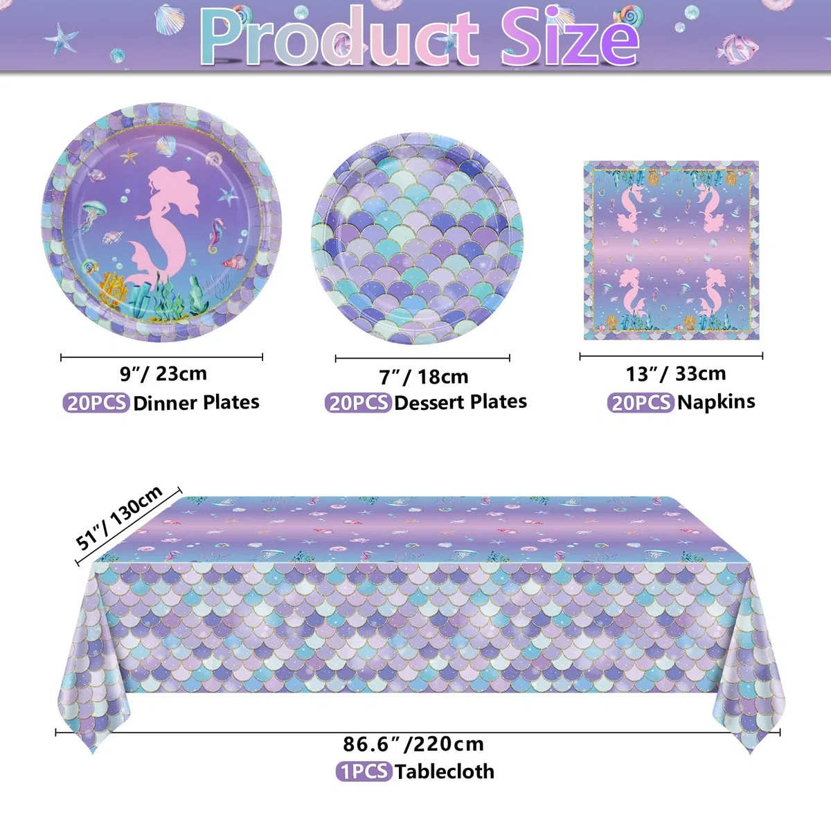 Set da 61 Pezzi per Decorazioni a Tema Sirena - Tovaglia, Piatti e Tovaglioli per Festa di Compleanno - per 20 Persone