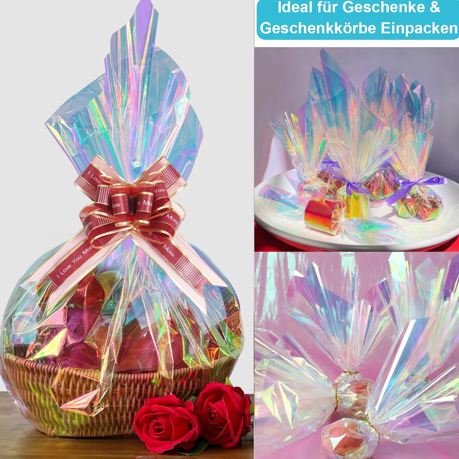 Rotolo di Pellicola Iridescente in Cellophane Trasparente, 86 cm x 15 m, per Confezioni Regalo, Arcobaleno, Imballaggio per Matrimoni