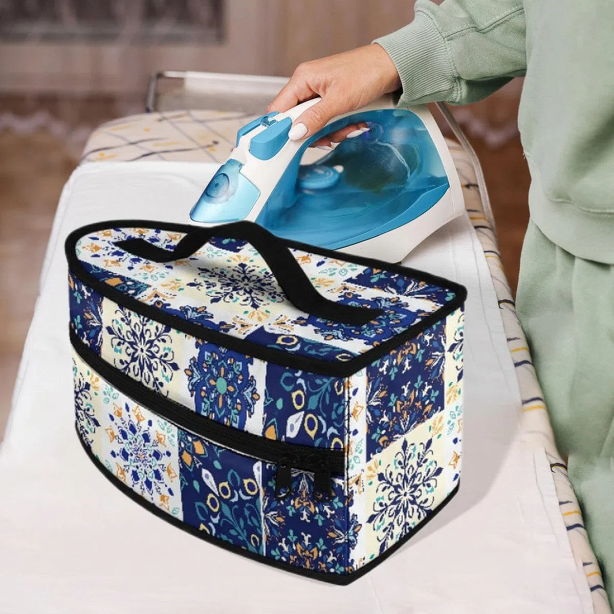Borsa porta ferro da stiro, pratica e compatta, con manico, per viaggi d'affari, vacanze, Blu E Bianco