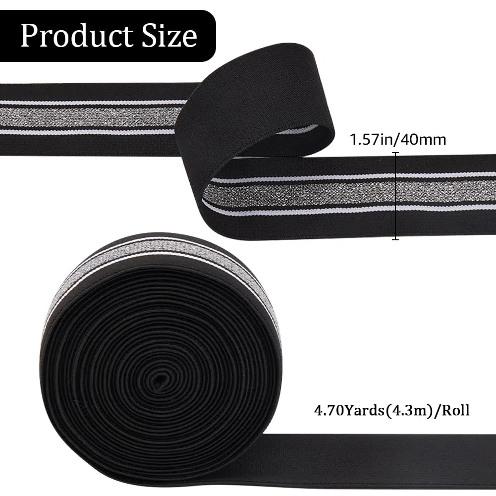 GORGECRAFT 4.3 m 40mm di Larghezza Fascia Elastica A Strisce Bianche e Argento Nera Piatta Elastica per Cucire Lavorare A Maglia Nastro per Fai da Te Fascia per Capelli Borse Indumenti Accessori