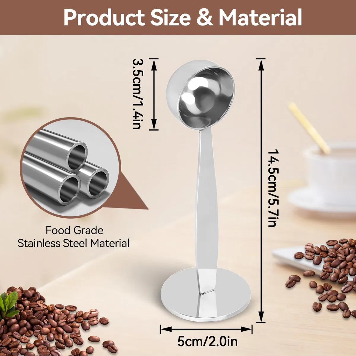 Dosatore per macchine da caffè, Cucchiaio Dosatore Caffe per Macchina Espresso con Tamper, in Acciaio Inox, Multifunzione per Misurazione Proteine, cacao, tè, 14.5cm/5.7inch