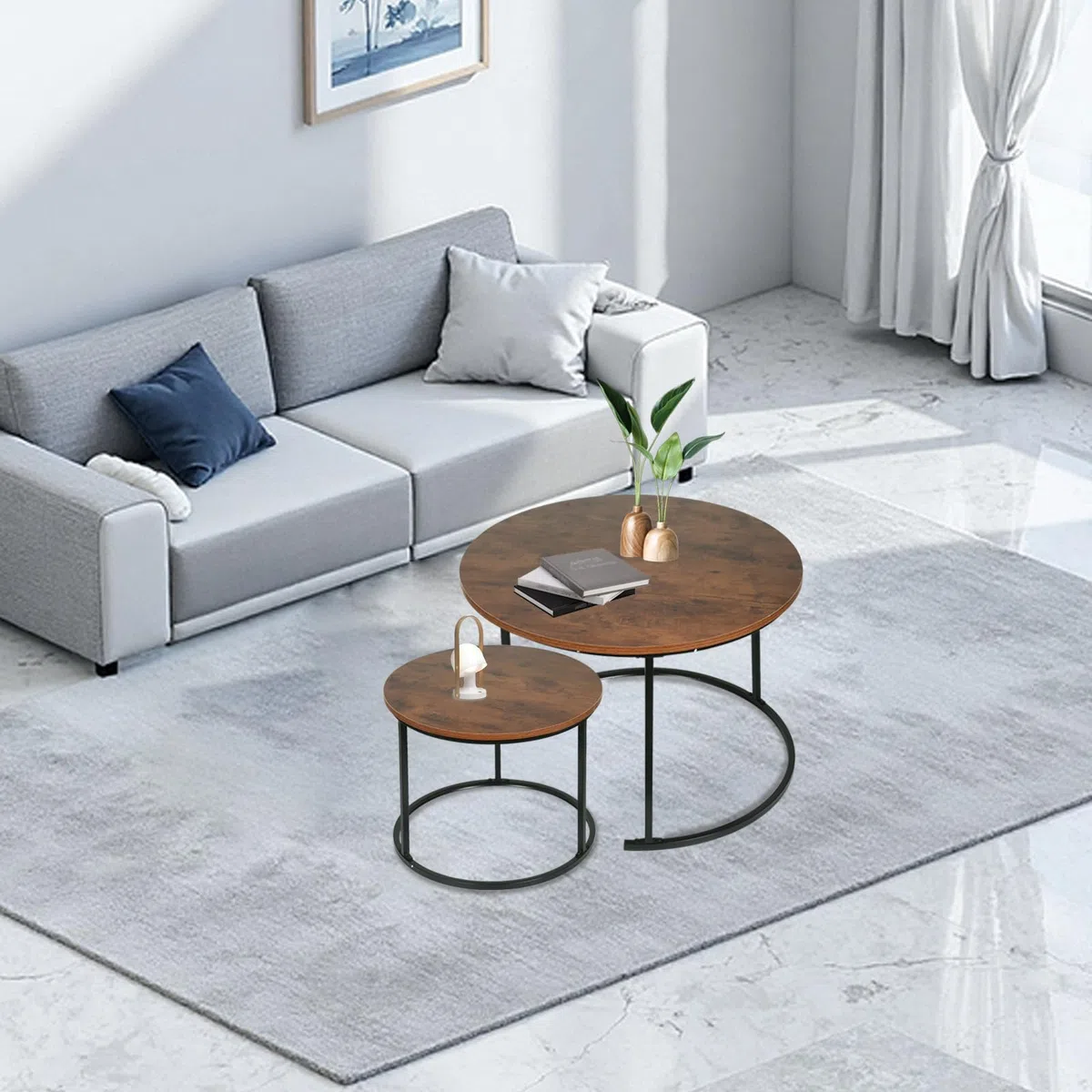 HUOLE Tavoli estraibili rotondi Set di 2 pezzi, con telaio in metallo dorato, piano in finto marmo, per soggiorno, camera da letto, ufficio, appartamento -B (60 x 60 x 45 e 40 x 40 x 38) in legno
