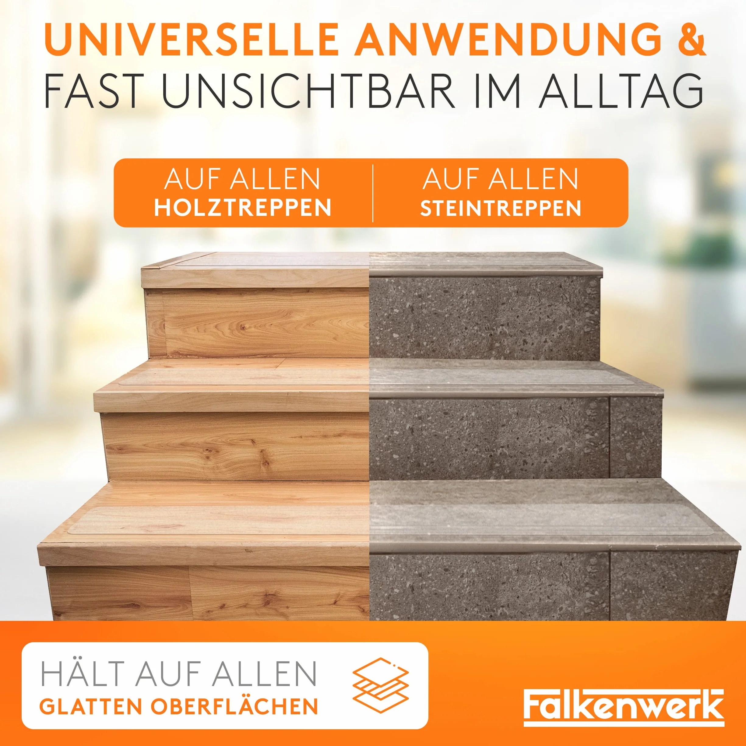 LIEBTHAL FALKENWERK - Strisce antiscivolo per scale [20 pezzi] - Strisce antiscivolo autoadesive e trasparenti [15x90 cm] - Antiscivolo per scale impermeabile con rullo di spatolamento
