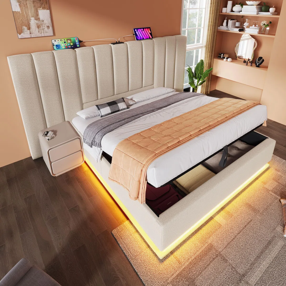 Moimhear Letto imbottito, letto matrimoniale con contenitore con controllo App LED e funzione di ricarica USB-C, lino, senza materasso e comodino (beige, 160 x 200 cm)