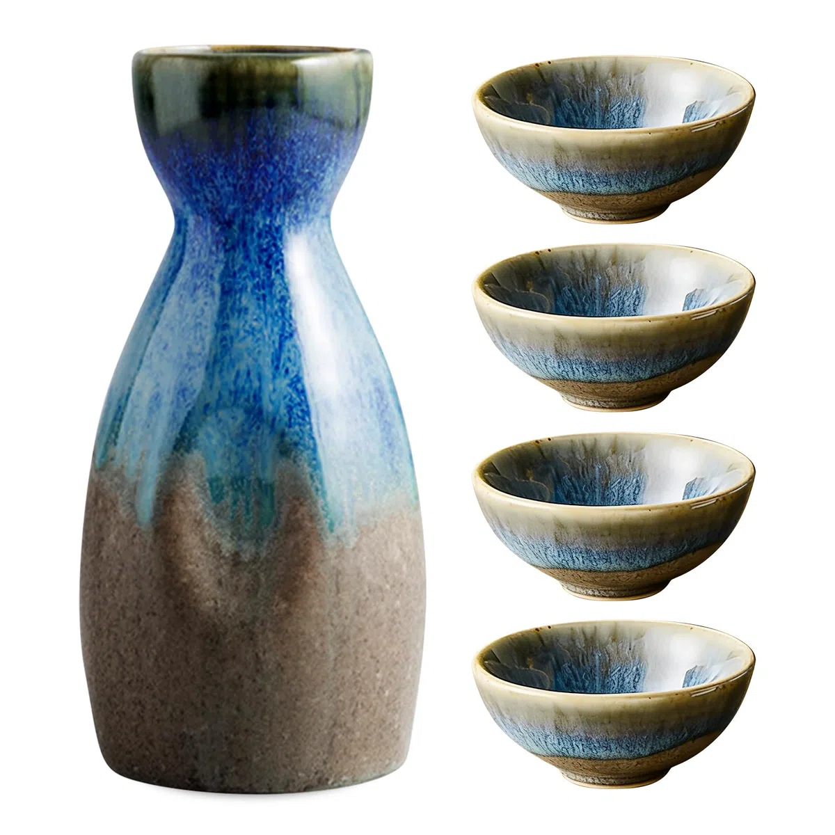 Set per sakè, 4 tazze da sakè da 100 ml, 1 pentola da sakè da 300 ml, set per sakè in ceramica giapponese, pentola per sakè in ceramica, bottiglia di sakè in ceramica giapponese, set per liquore sakè