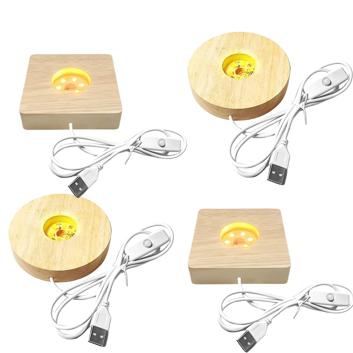 Nizirioo Base di Visualizzazione con Luci LED: 4 Pezzi in Legno, Espositiva Luminosa USB, Supporto da Tavolo Luce Calda per Vetro Acrilico (Rotondo + Quadrato)