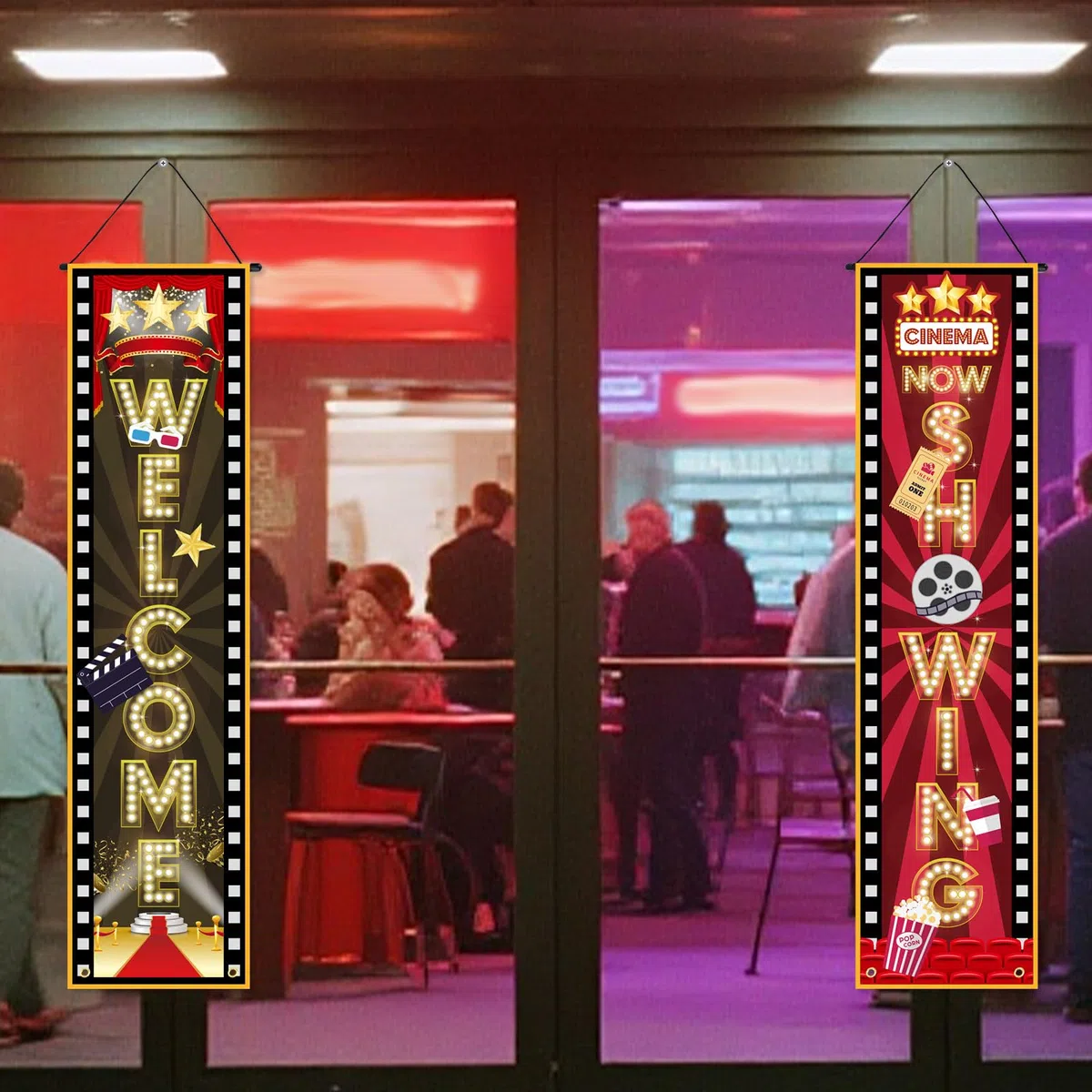 2pz Striscione per Serata Cinema, 120x30cm Cartello da Appendere Benvenuti Ora in Mostra Tema Serate Cinema Decorazioni Feste per Sfondo Feste con Cinepresa Domestica