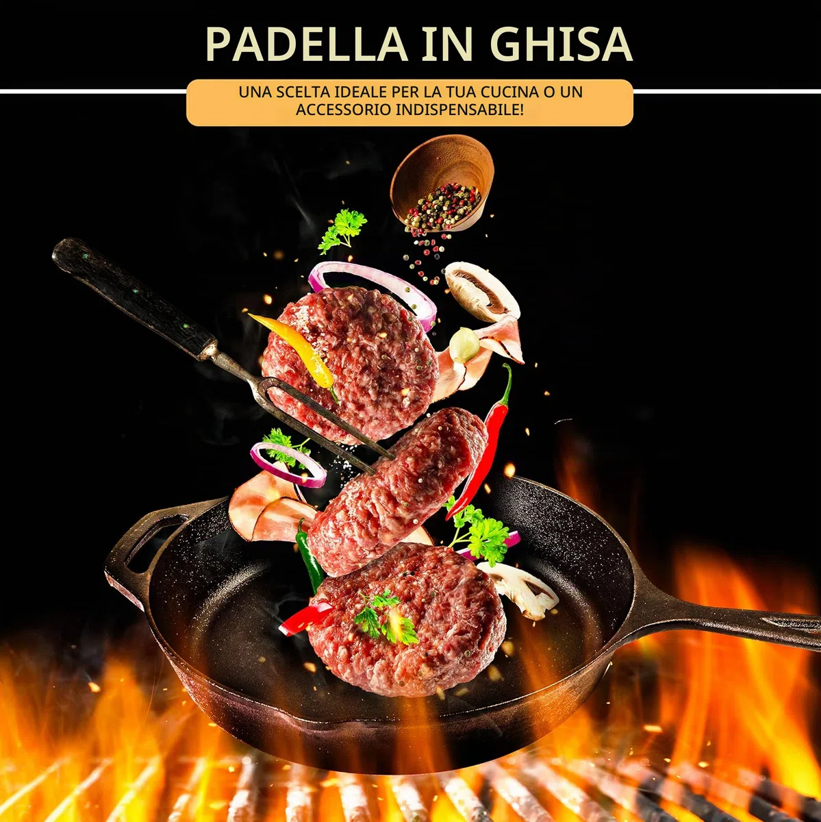 KICHLY Padella in Ghisa pre-Stagionata - Padella per Friggere - Pentole per Grigliare Sicure per uso Interno ed Esterno - Padella in Ghisa da 26 cm (10,25 Pollici)